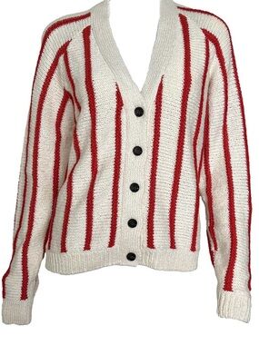 THE GREAT. Cream Cardigan with Red Vertical Stripes